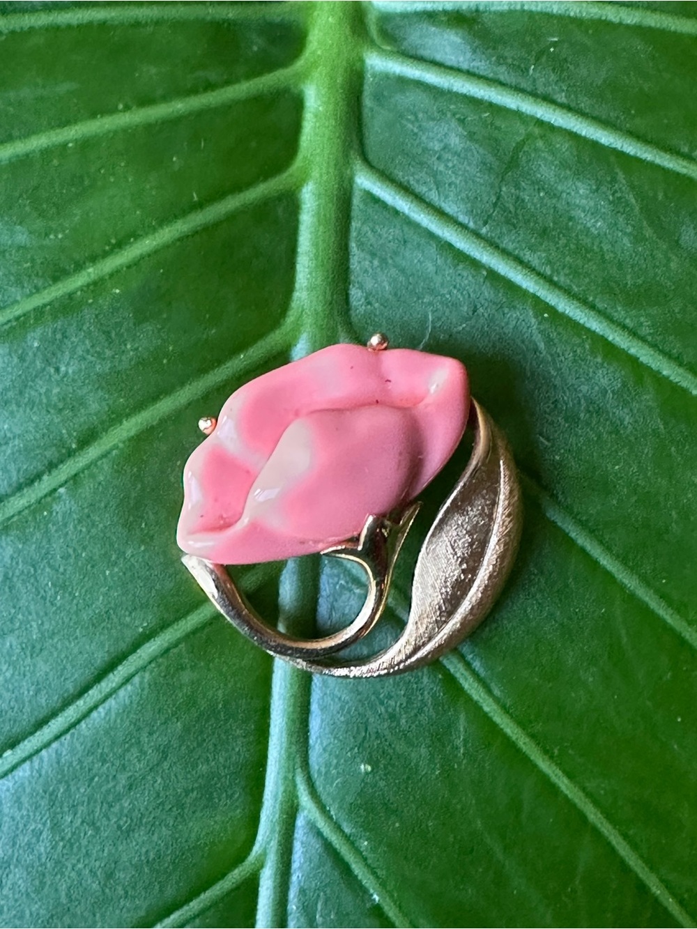 Coral Floral Enamel Brooch with Gold-Tone Leaf Accent